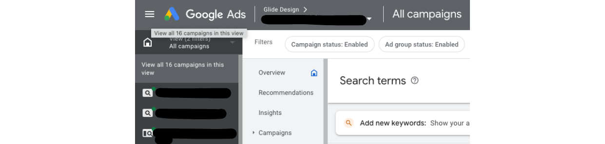 Selecting all campaigns in Google Ads interface