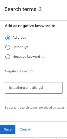 Adding the negative keyword at the ad group level in Google Ads.