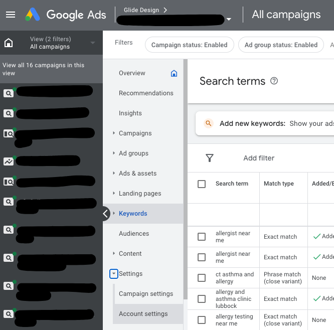 Selecting account settings in Google Ads interface