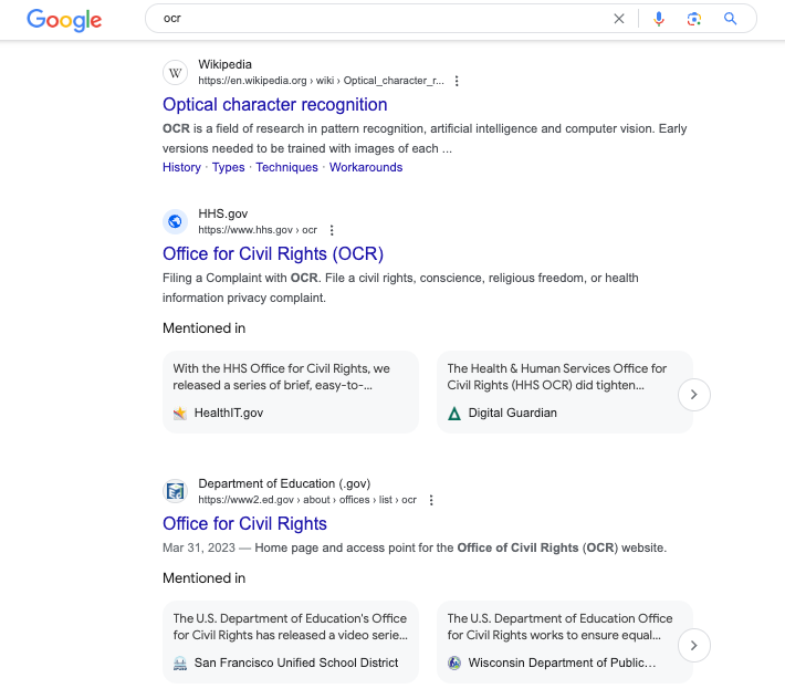 A Google search results page showing unexpected search intent for the term OCR - listings for both optical character recognition software and a government Office for Civil Rights are displayed.